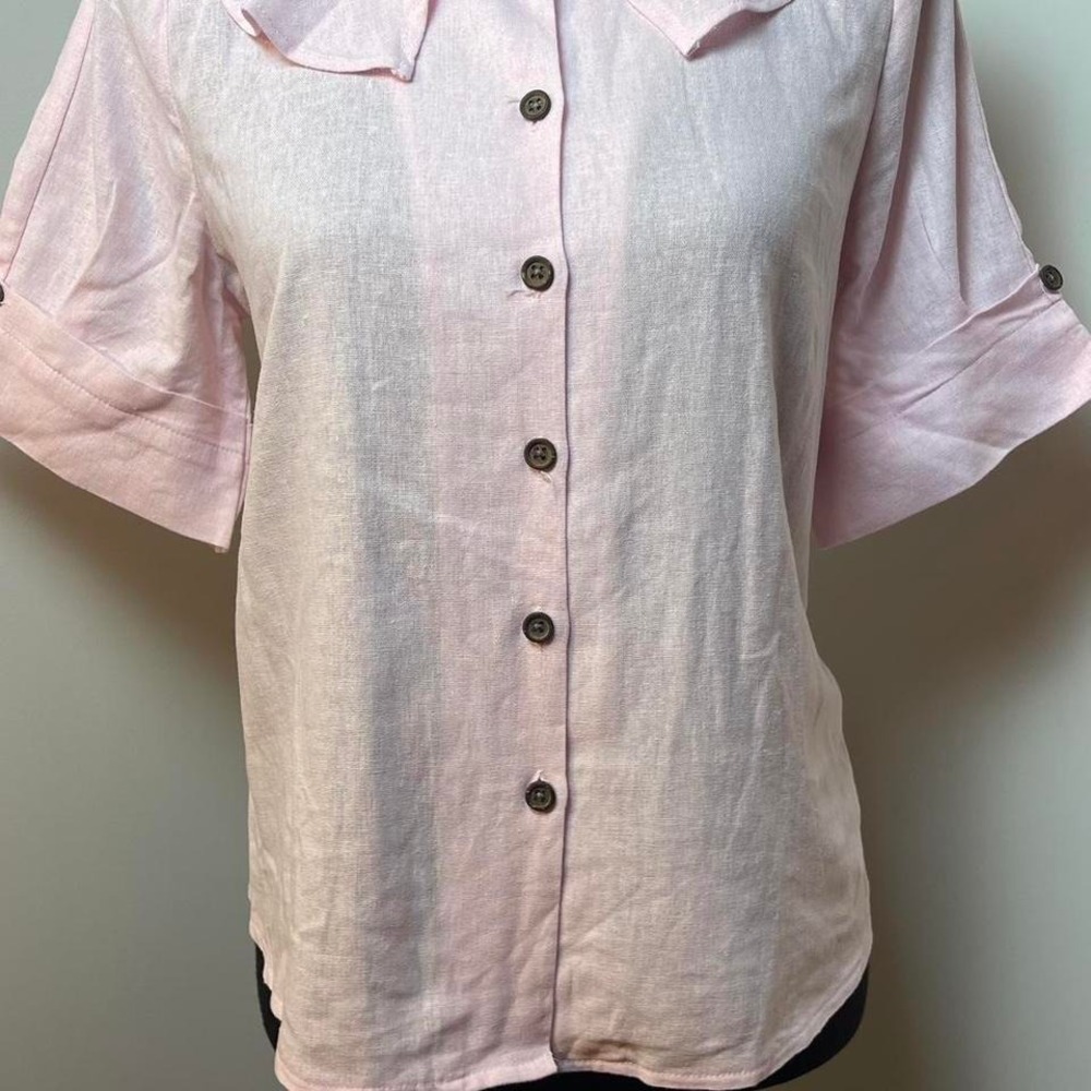 Cocobleu pink linen blouse with short sleeves and collar  s